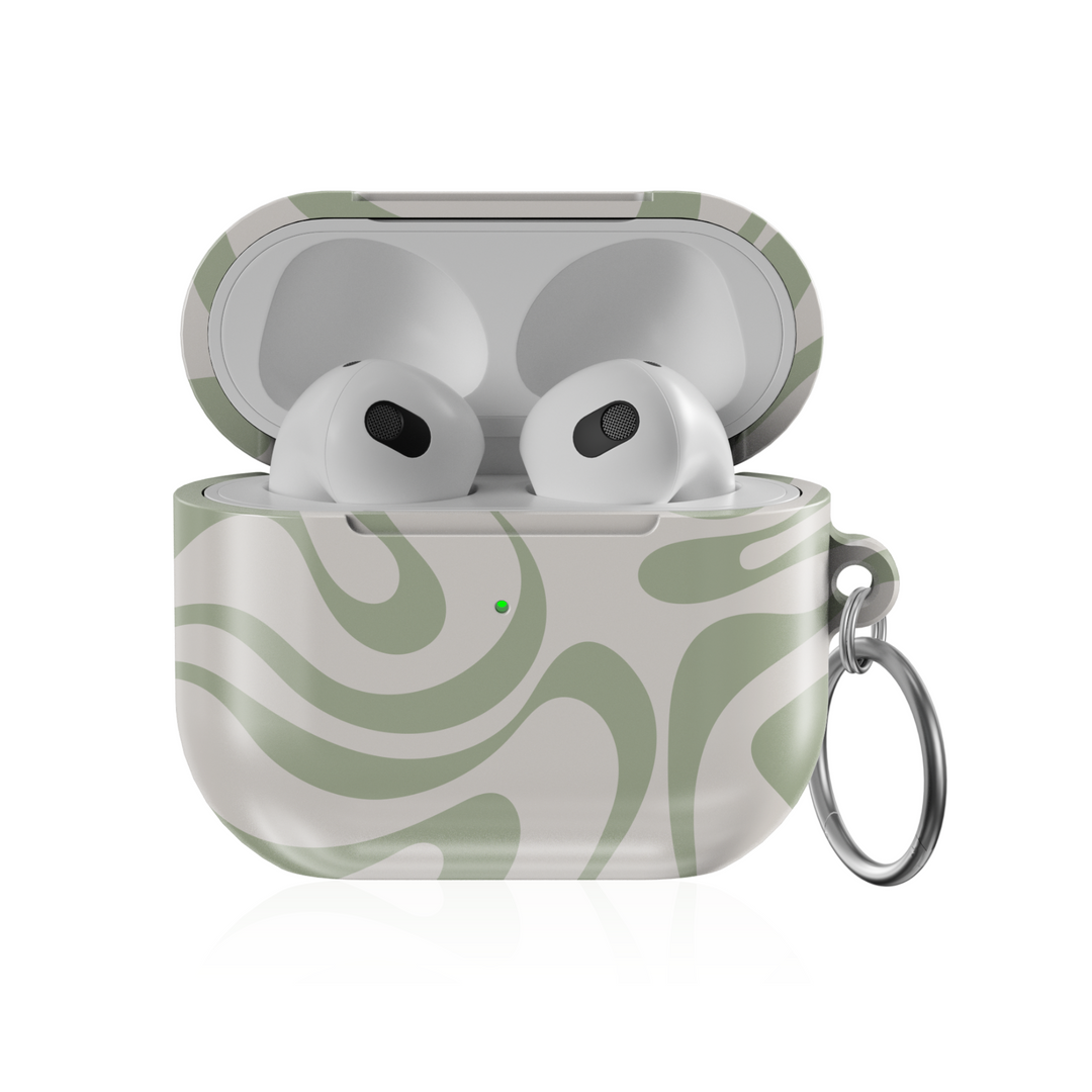 Sage green abstract AirPods 3 case with wave pattern and keychain ring – glossy finish