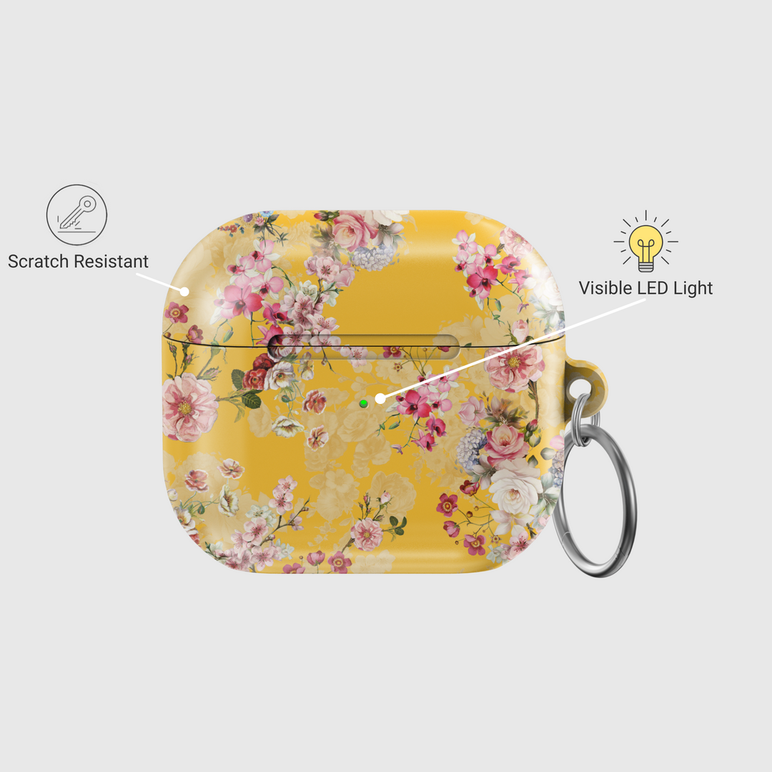 Vibrant yellow AirPods case with colorful floral print, girly protective case for AirPods Pro and Gen 1 2 3 with attached keyring