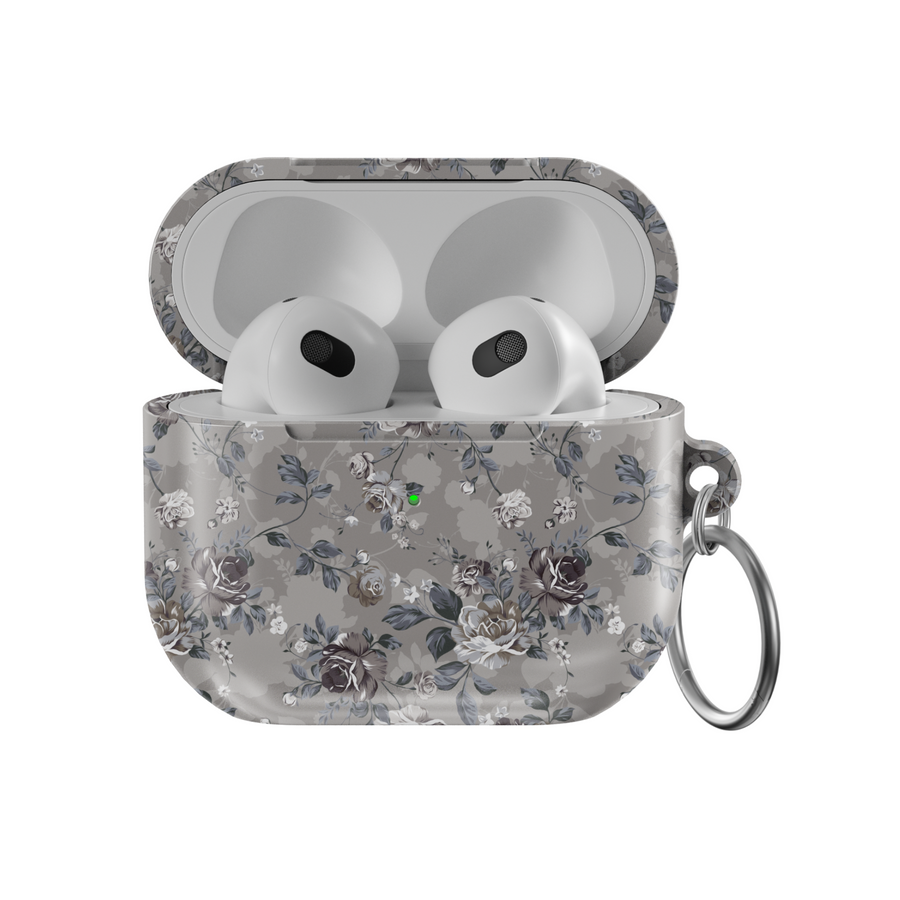 Glossy AirPods case with vintage dark floral design in grey tones, fits AirPods Pro and 1st 2nd 3rd Gen with keychain ring attachment