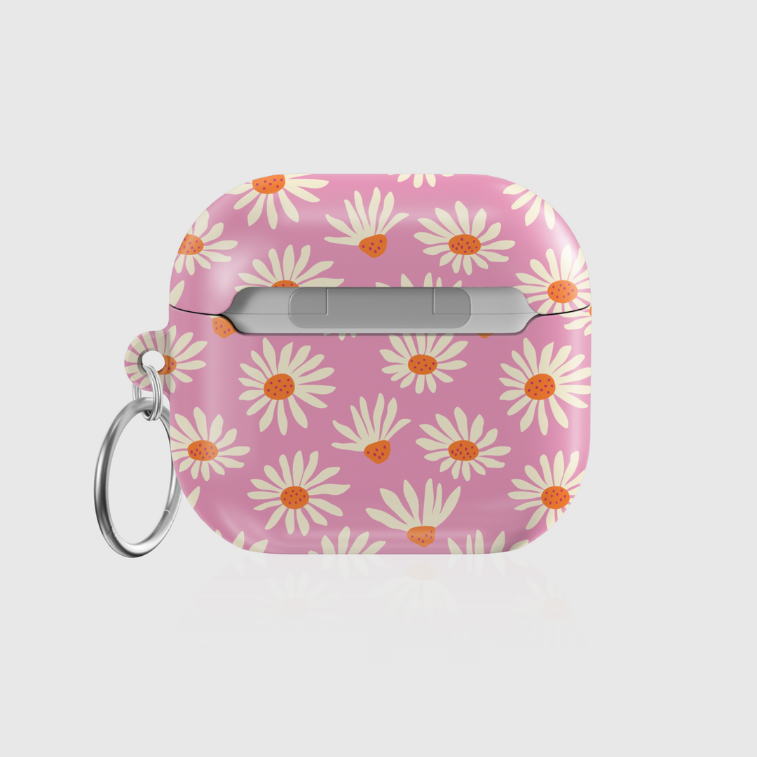 Pink AirPods case with daisy flower pattern – floral aesthetic cover with keychain for AirPods 3rd Generation.