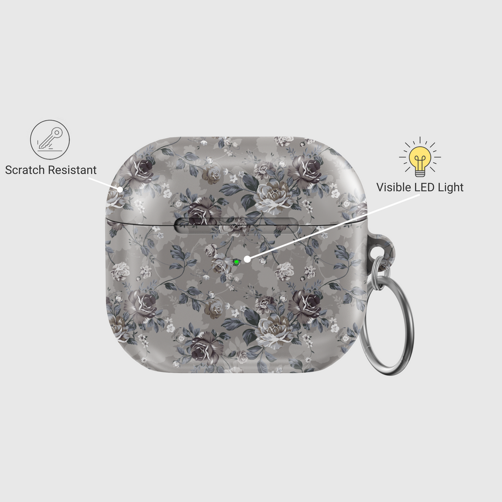 Glossy AirPods case with vintage dark floral design in grey tones, fits AirPods Pro and 1st 2nd 3rd Gen with keychain ring attachment