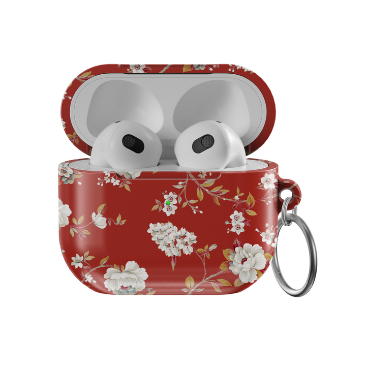 Red AirPods case with elegant vintage floral print and glossy finish | Protective AirPods Pro and Gen 1 2 3 cover with keyring attachment