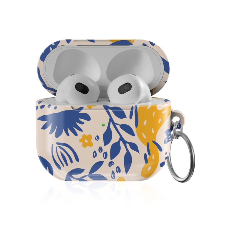 Beige AirPods 3 case with blue and mustard floral print – glossy AirPods cover with silver keychain