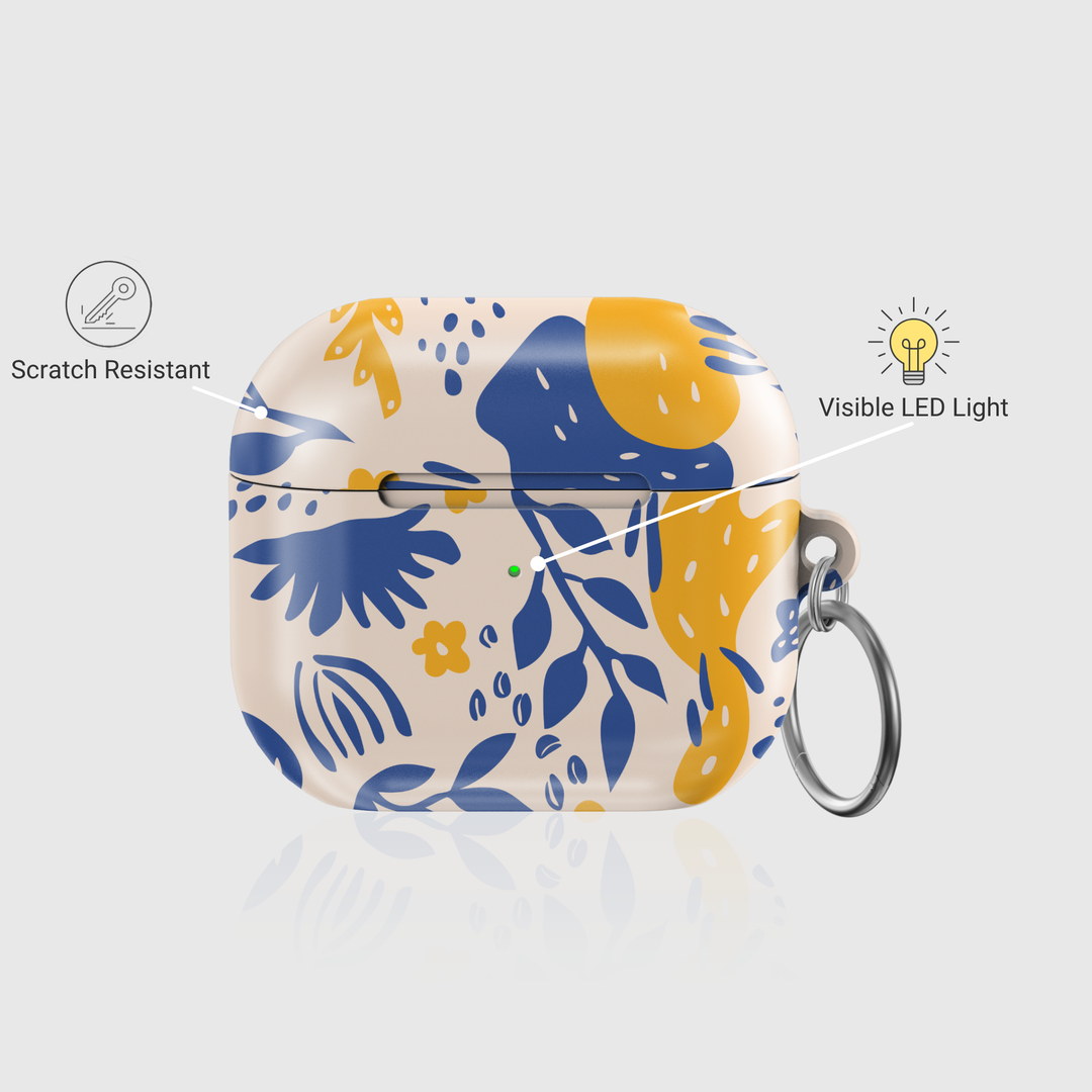 Beige AirPods 3 case with blue and mustard floral print – glossy AirPods cover with silver keychain