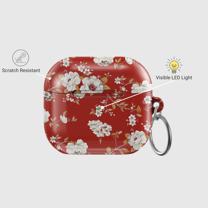 Red AirPods case with elegant vintage floral print and glossy finish | Protective AirPods Pro and Gen 1 2 3 cover with keyring attachment
