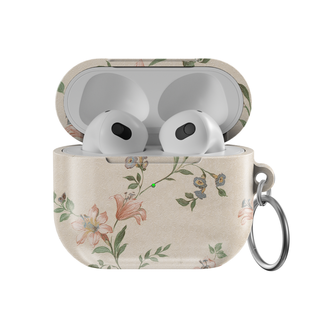 Beige AirPods case with soft vintage floral print and matte finish | Aesthetic flower design protective AirPods cover with keychain