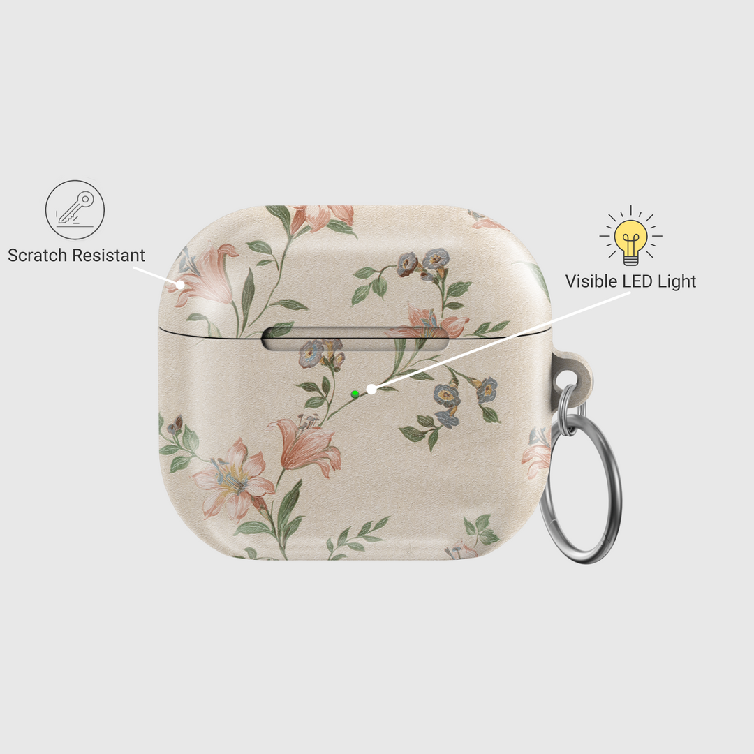Beige AirPods case with soft vintage floral print and matte finish | Aesthetic flower design protective AirPods cover with keychain