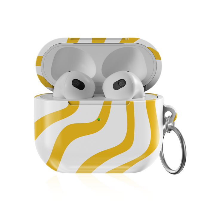 AirPods 3 case with yellow and white wavy design and keychain ring – bold abstract AirPods cover