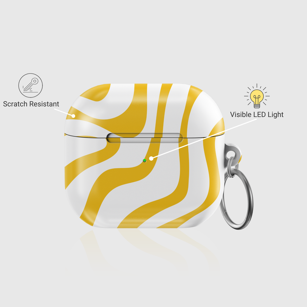 AirPods 3 case with yellow and white wavy design and keychain ring – bold abstract AirPods cover