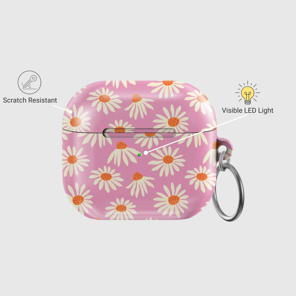 Pink AirPods case with daisy flower pattern – floral aesthetic cover with keychain for AirPods 3rd Generation.
