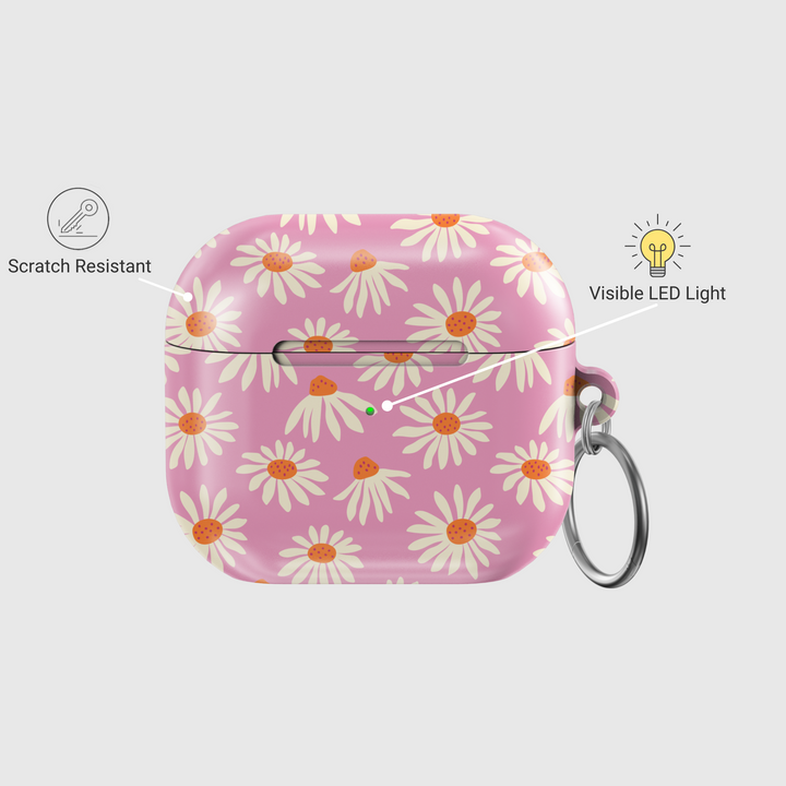 Pink AirPods case with daisy flower pattern – floral aesthetic cover with keychain for AirPods 3rd Generation.