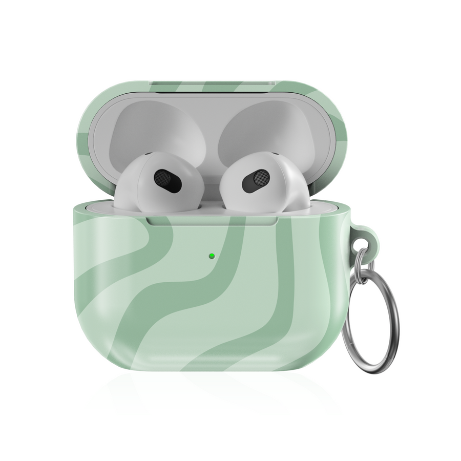 AirPods 3 case with mint wavy abstract pattern and keychain ring – modern pastel AirPods cover