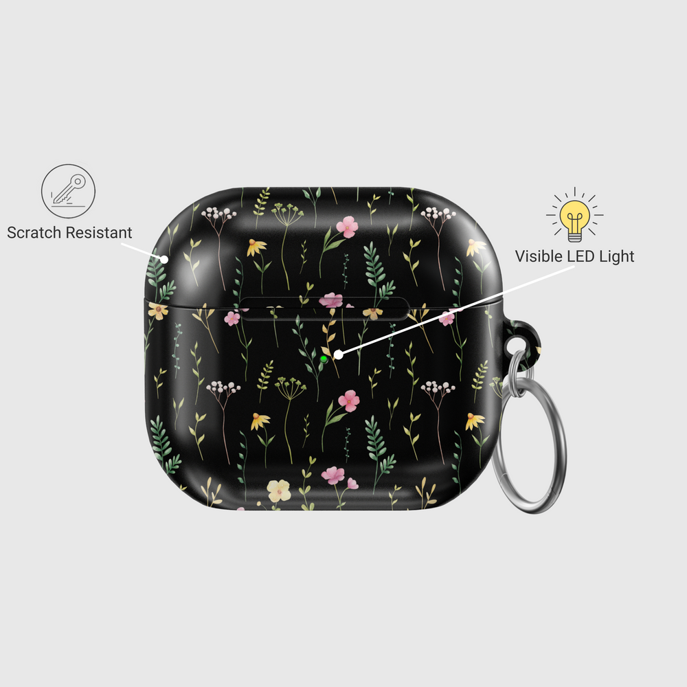 Black floral AirPods case with wildflower pattern and soft matte finish | Stylish protective AirPods Pro & Gen 1 2 3 case with botanical design