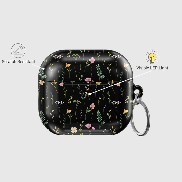 Black floral AirPods case with wildflower pattern and soft matte finish | Stylish protective AirPods Pro & Gen 1 2 3 case with botanical design