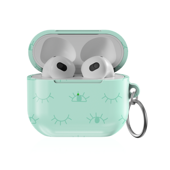 AirPods 3 case in mint green with eye print pattern and keychain – minimal cute earbud cover
