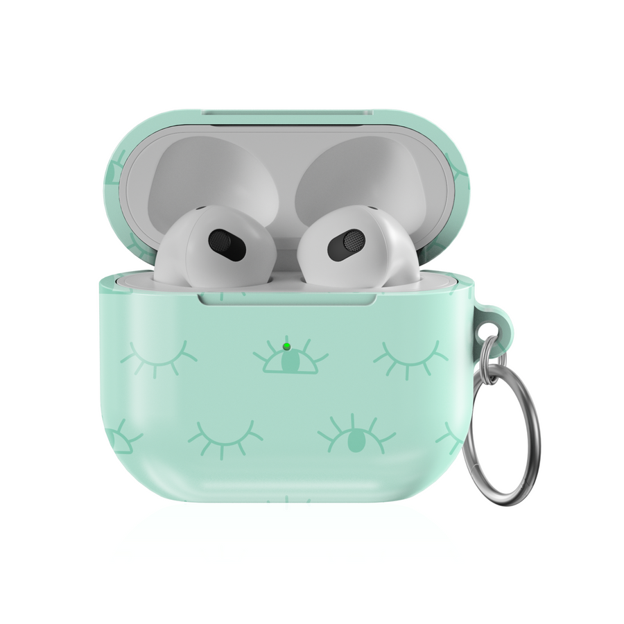 AirPods 3 case in mint green with eye print pattern and keychain – minimal cute earbud cover