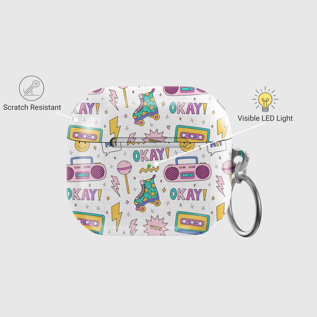 Cute white AirPods case with colorful 90s-themed illustrations of roller skates, boomboxes, cassettes, and lollipops in pastel shades, finished with a glossy look and attached silver keyring.