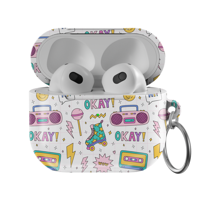 Cute white AirPods case with colorful 90s-themed illustrations of roller skates, boomboxes, cassettes, and lollipops in pastel shades, finished with a glossy look and attached silver keyring.