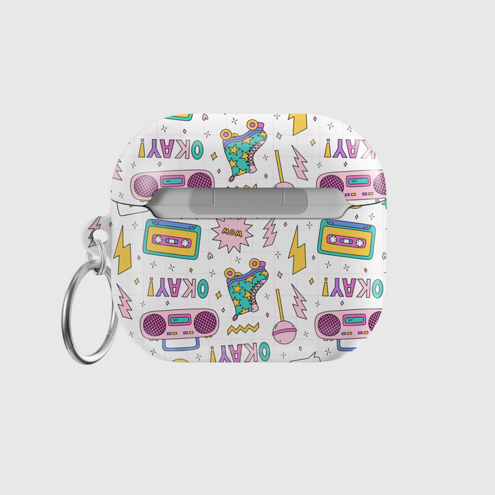 Cute white AirPods case with colorful 90s-themed illustrations of roller skates, boomboxes, cassettes, and lollipops in pastel shades, finished with a glossy look and attached silver keyring.
