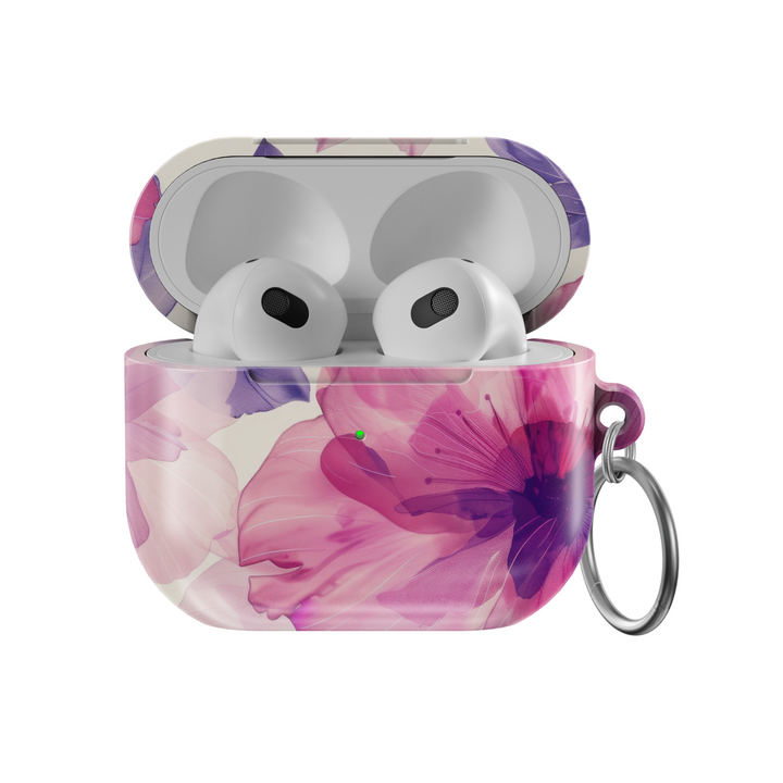 Pink and purple floral AirPods case with glossy finish and silver keyring | Girly aesthetic TPU protective cover for AirPods Pro and Gen 1 2 3