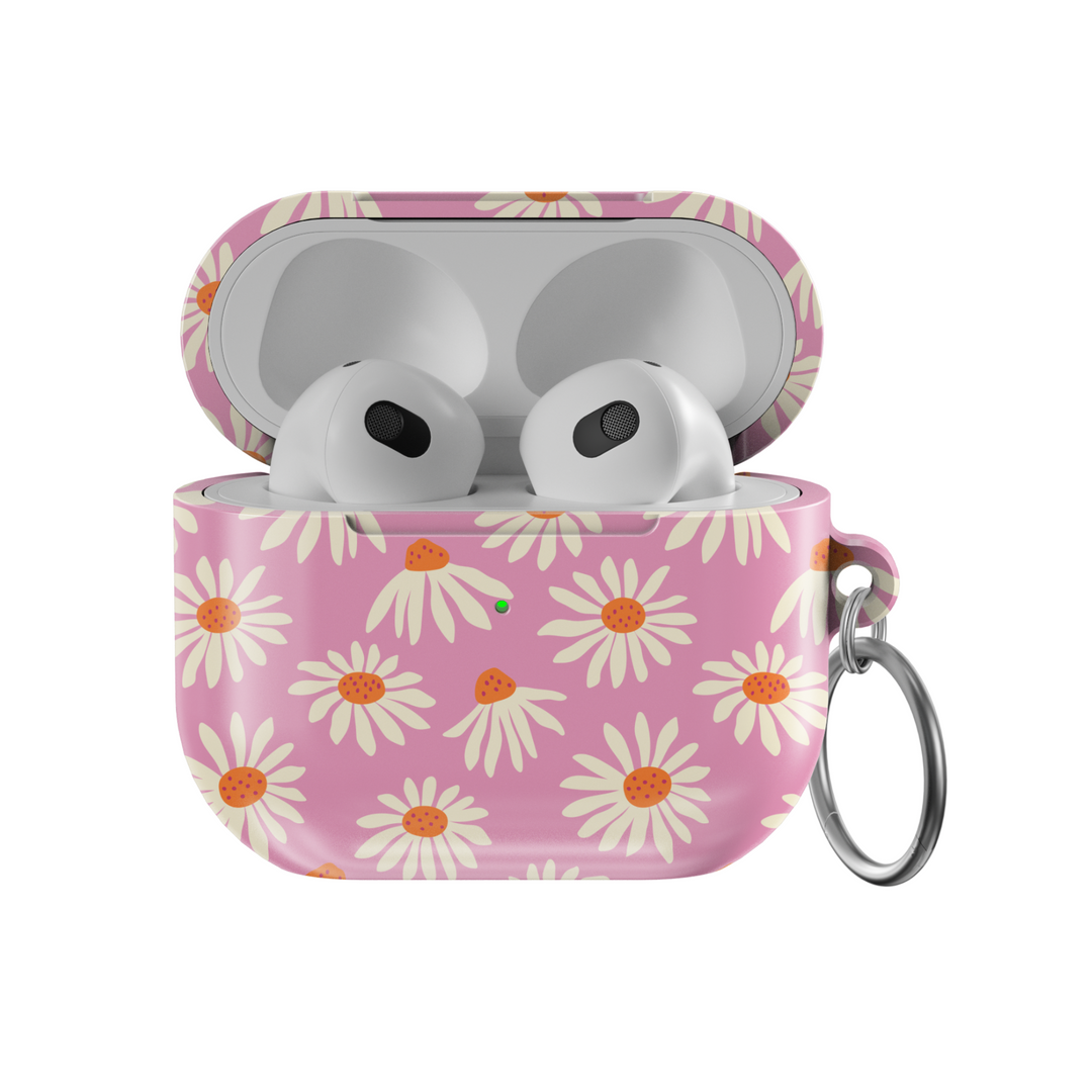 Pink AirPods case with daisy flower pattern – floral aesthetic cover with keychain for AirPods 3rd Generation.