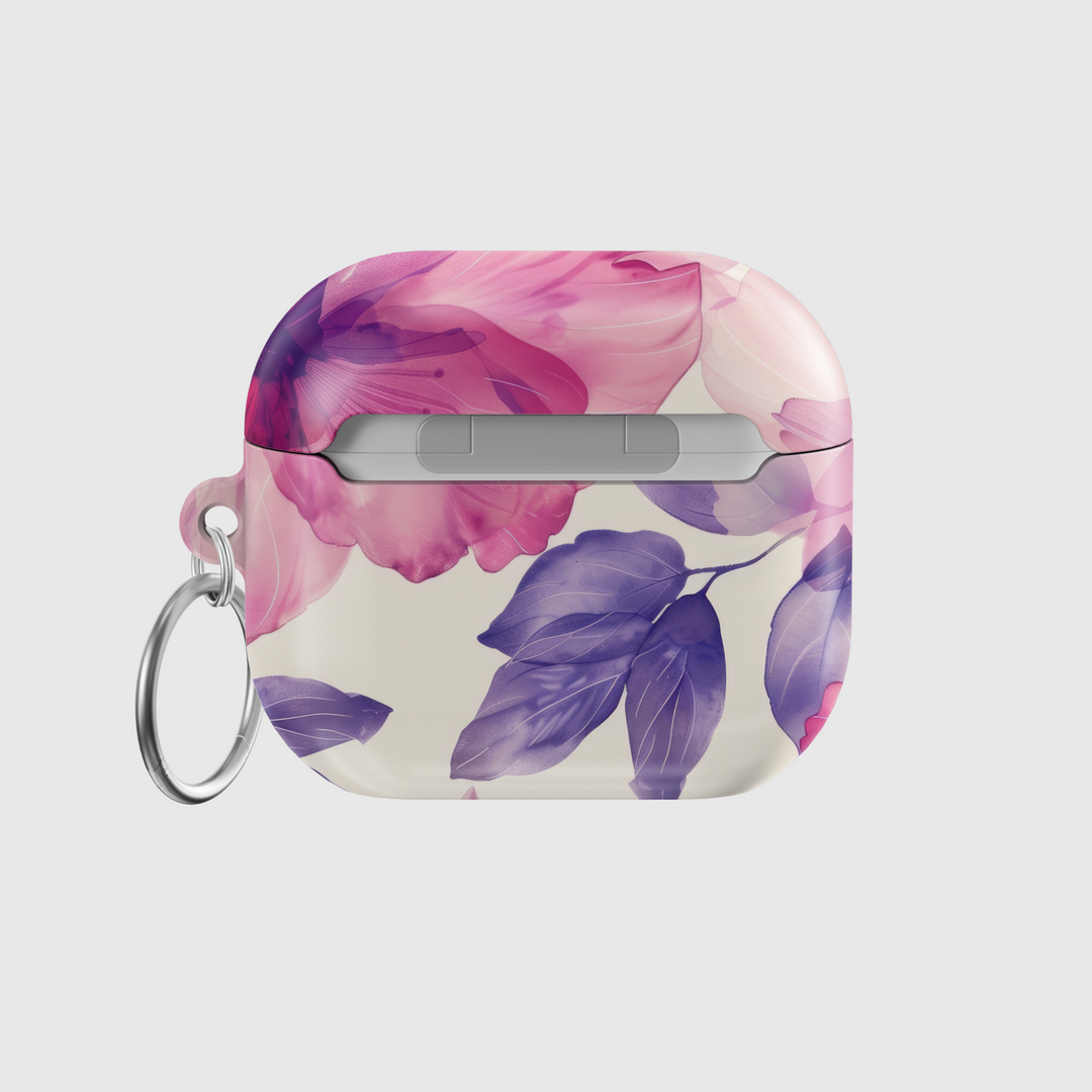 Pink and purple floral AirPods case with glossy finish and silver keyring | Girly aesthetic TPU protective cover for AirPods Pro and Gen 1 2 3