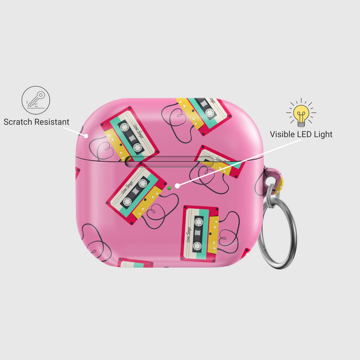 Retro Cassette Tape AirPods Case Cover Pink Mixtape Design | Love Songs 90s Aesthetic AirPods Case with Keychain for AirPods Pro, 3, 2, 1