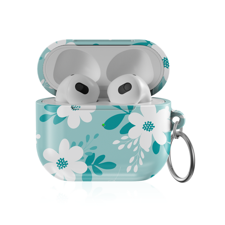 Glossy teal floral AirPods 3 case with white flowers and keychain – protective and cute accessory for women