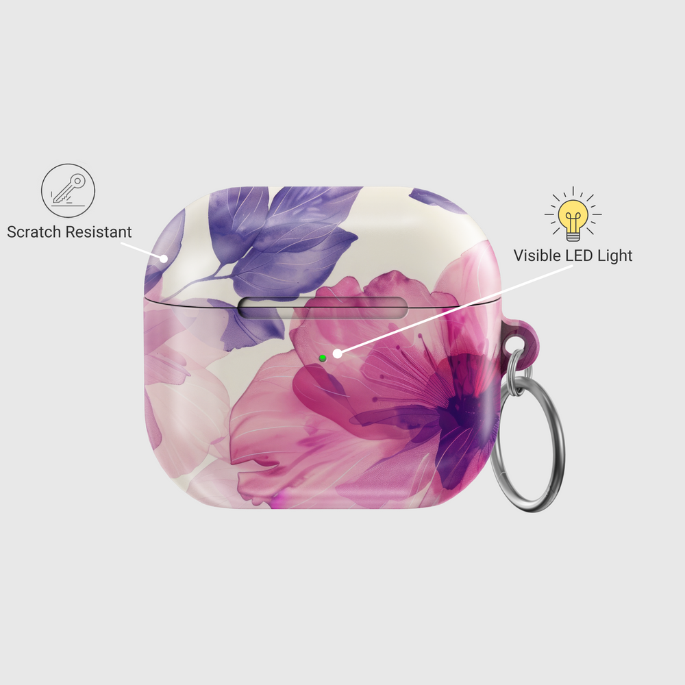 Pink and purple floral AirPods case with glossy finish and silver keyring | Girly aesthetic TPU protective cover for AirPods Pro and Gen 1 2 3