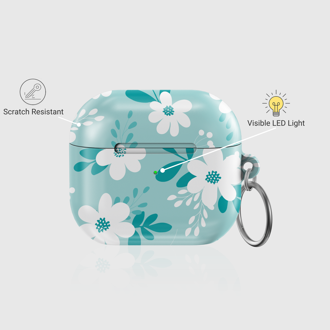 Glossy teal floral AirPods 3 case with white flowers and keychain – protective and cute accessory for women