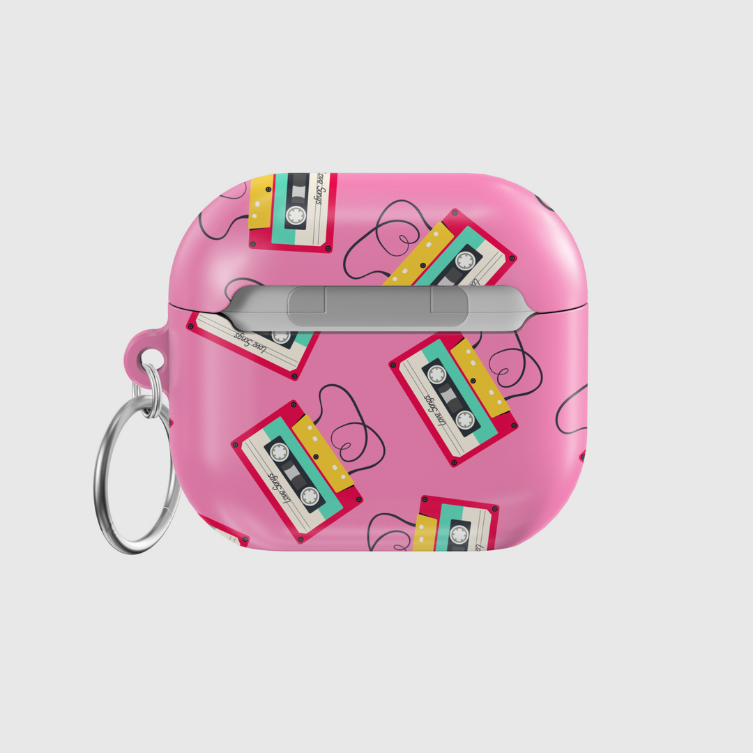 Retro Cassette Tape AirPods Case Cover Pink Mixtape Design | Love Songs 90s Aesthetic AirPods Case with Keychain for AirPods Pro, 3, 2, 1