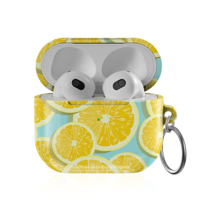 Lemon-themed AirPods 3 case with yellow citrus slices on blue background and keychain clip – glossy summer protective cover for Apple AirPods
