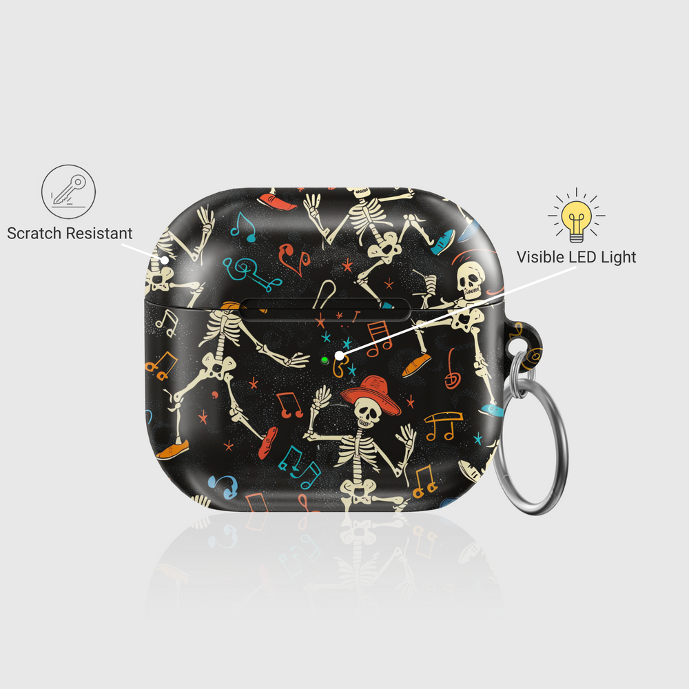 Black AirPods case featuring playful dancing skeletons, colorful music notes, and instruments, with a shiny finish and attached keychain ring. Fits AirPods Pro, 3, 2, and 1.