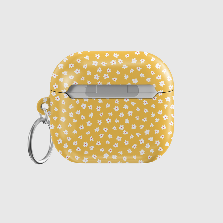 Cute yellow AirPods case with white daisy flower pattern, glossy finish and silver keyring | Girly floral TPU cover for AirPods Gen 1 2 3 and Pro