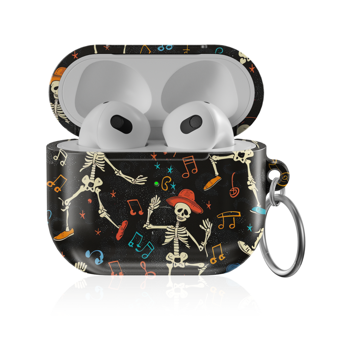 Black AirPods case featuring playful dancing skeletons, colorful music notes, and instruments, with a shiny finish and attached keychain ring. Fits AirPods Pro, 3, 2, and 1.
