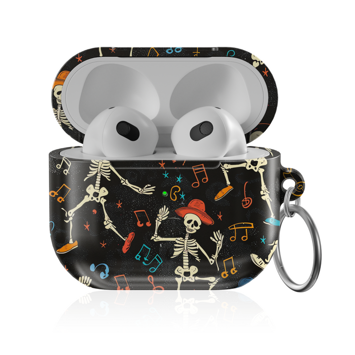 Black AirPods case featuring playful dancing skeletons, colorful music notes, and instruments, with a shiny finish and attached keychain ring. Fits AirPods Pro, 3, 2, and 1.