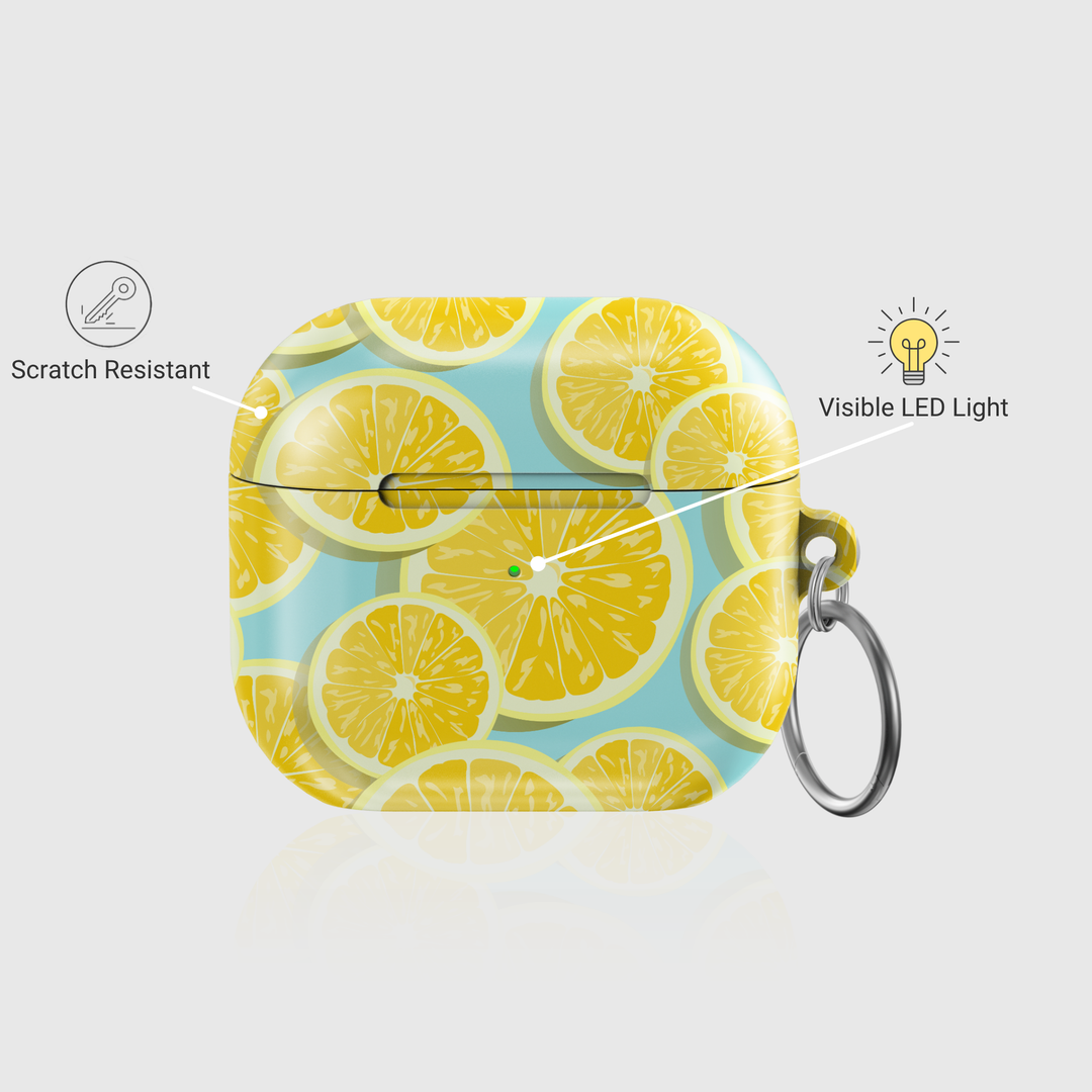 Lemon-themed AirPods 3 case with yellow citrus slices on blue background and keychain clip – glossy summer protective cover for Apple AirPods