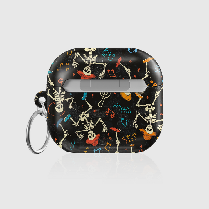 Black AirPods case featuring playful dancing skeletons, colorful music notes, and instruments, with a shiny finish and attached keychain ring. Fits AirPods Pro, 3, 2, and 1.