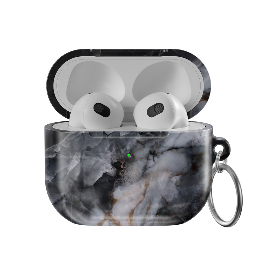 Dark marble AirPods case with smoky black and grey texture, brown-gold veins, glossy finish, with keyring attached for AirPods Pro and Gen 1 2 3