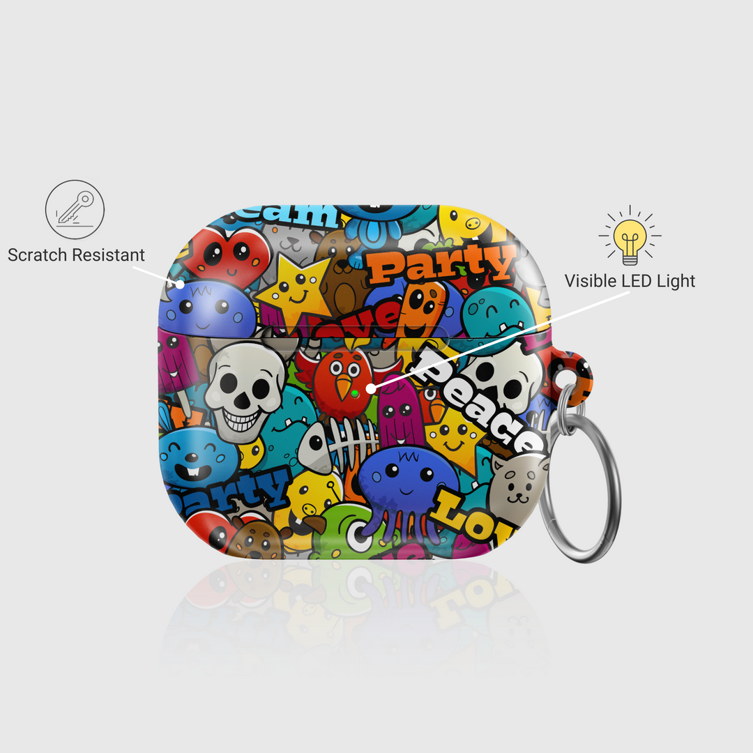 Bold graffiti-style AirPods case with colorful cartoon doodles, skulls, peace signs, animals, and playful words like "Love" and "Party." Glossy finish with metal keychain ring. Fits AirPods Pro, 3, 2, and 1 models.