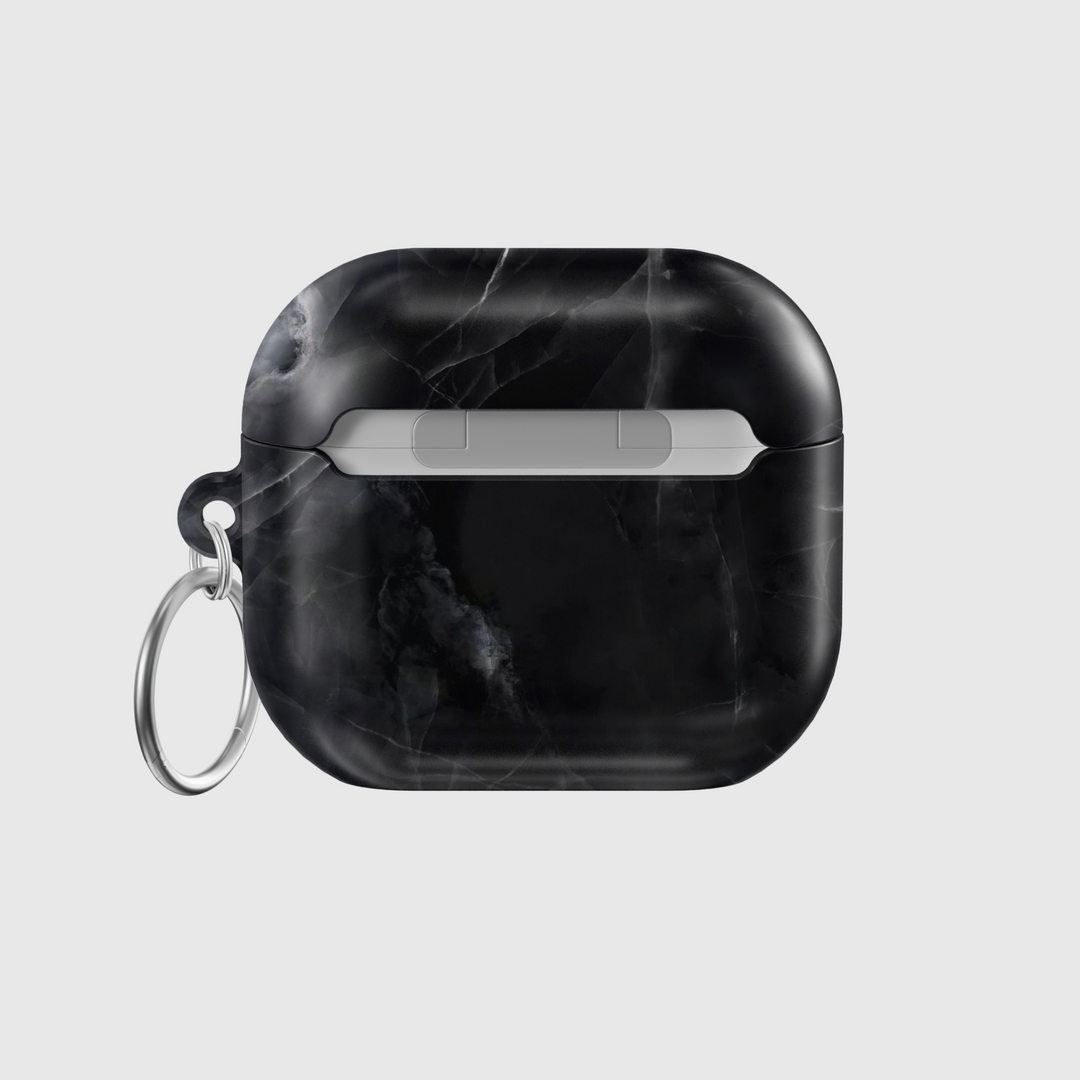Dark marble AirPods case with smoky black and grey texture, brown-gold veins, glossy finish, with keyring attached for AirPods Pro and Gen 1 2 3
