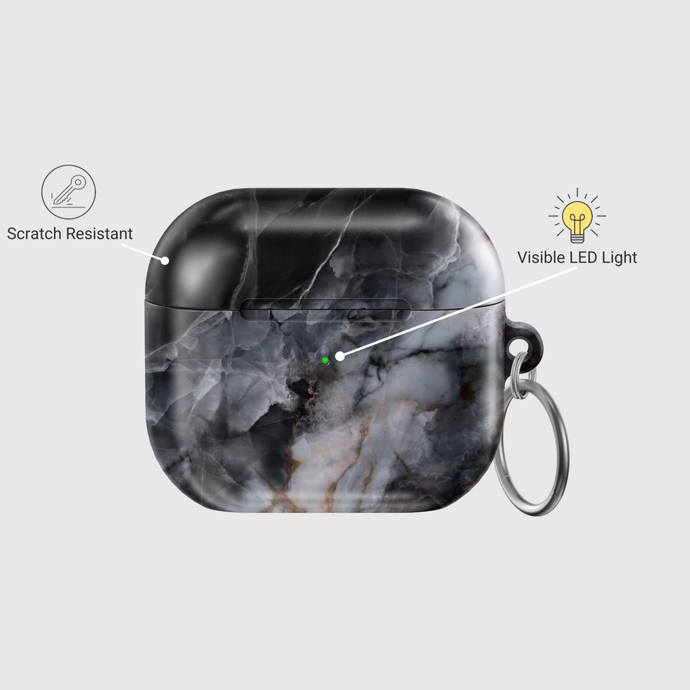 Dark marble AirPods case with smoky black and grey texture, brown-gold veins, glossy finish, with keyring attached for AirPods Pro and Gen 1 2 3