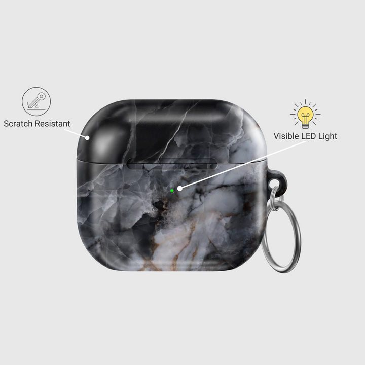 Dark marble AirPods case with smoky black and grey texture, brown-gold veins, glossy finish, with keyring attached for AirPods Pro and Gen 1 2 3