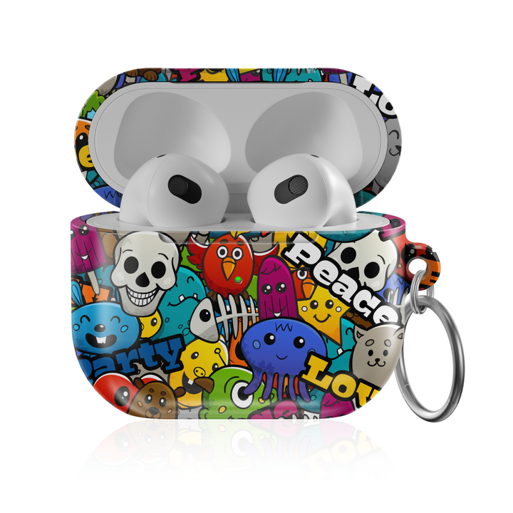 Bold graffiti-style AirPods case with colorful cartoon doodles, skulls, peace signs, animals, and playful words like "Love" and "Party." Glossy finish with metal keychain ring. Fits AirPods Pro, 3, 2, and 1 models.