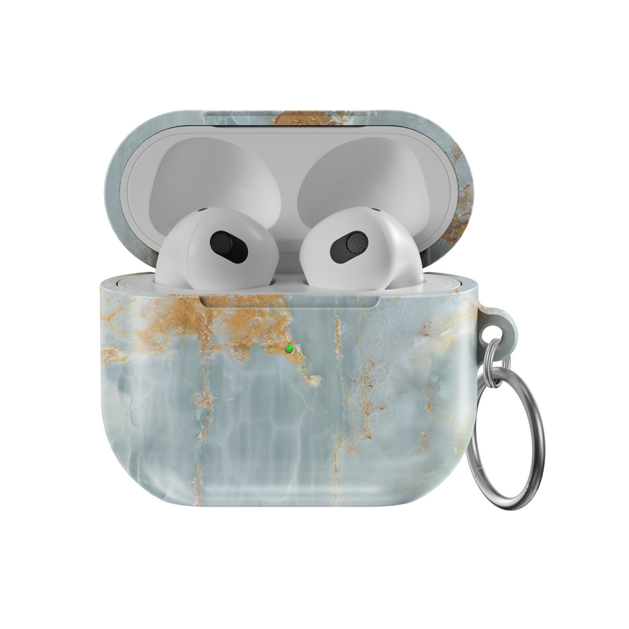 Light marble AirPods case with beige and gold streaks, glossy TPU shell with attached keyring, fits AirPods Pro and AirPods Gen 1 2 3