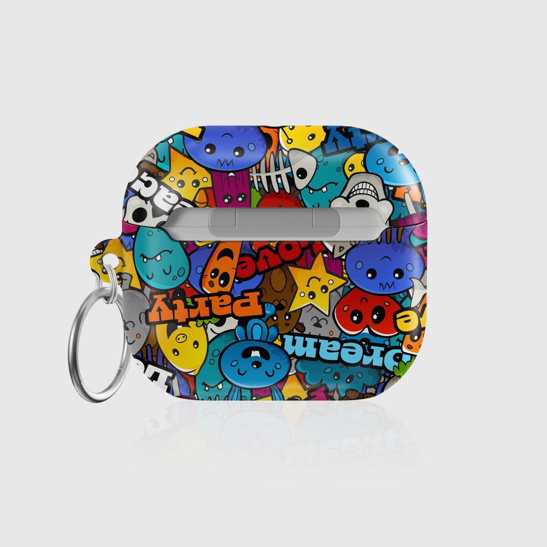 Bold graffiti-style AirPods case with colorful cartoon doodles, skulls, peace signs, animals, and playful words like "Love" and "Party." Glossy finish with metal keychain ring. Fits AirPods Pro, 3, 2, and 1 models.