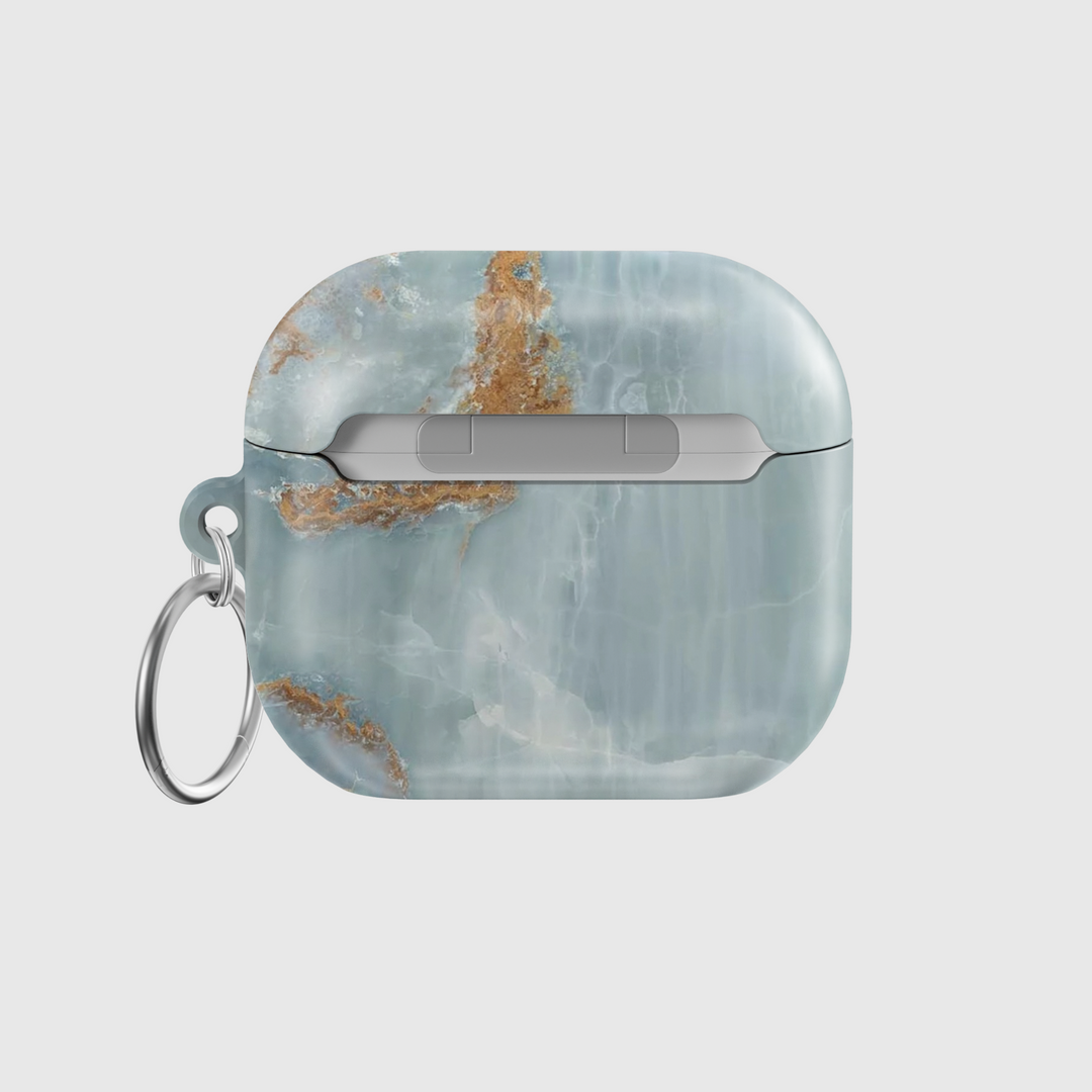 Light marble AirPods case with beige and gold streaks, glossy TPU shell with attached keyring, fits AirPods Pro and AirPods Gen 1 2 3