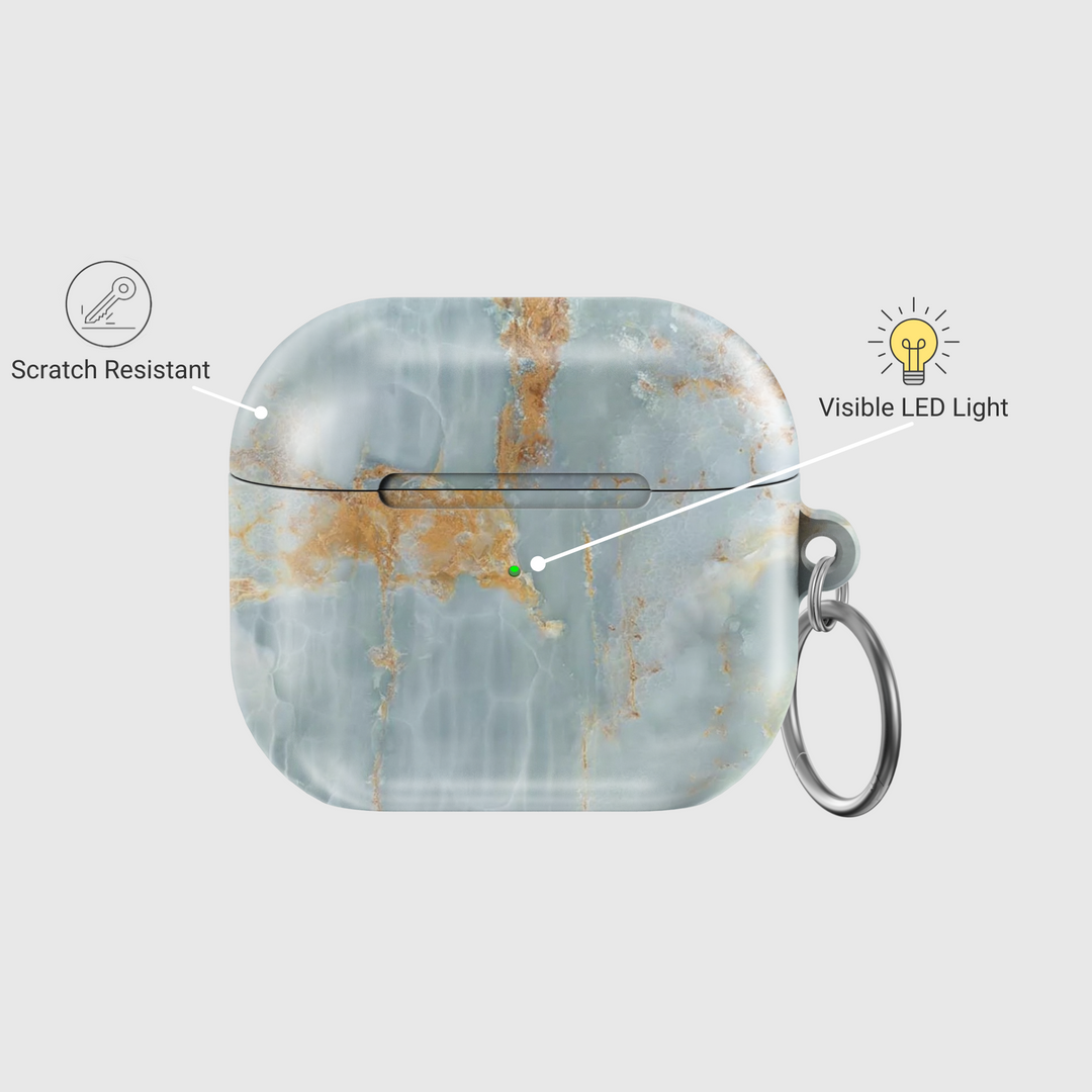 Light marble AirPods case with beige and gold streaks, glossy TPU shell with attached keyring, fits AirPods Pro and AirPods Gen 1 2 3