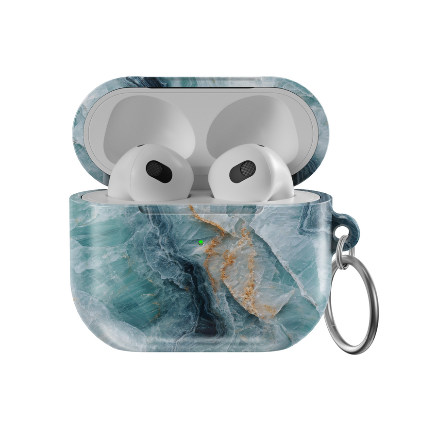 Green marble AirPods case with gold and teal veining, TPU protective shell with keychain ring, compatible with AirPods Pro and Gen 1 2 3