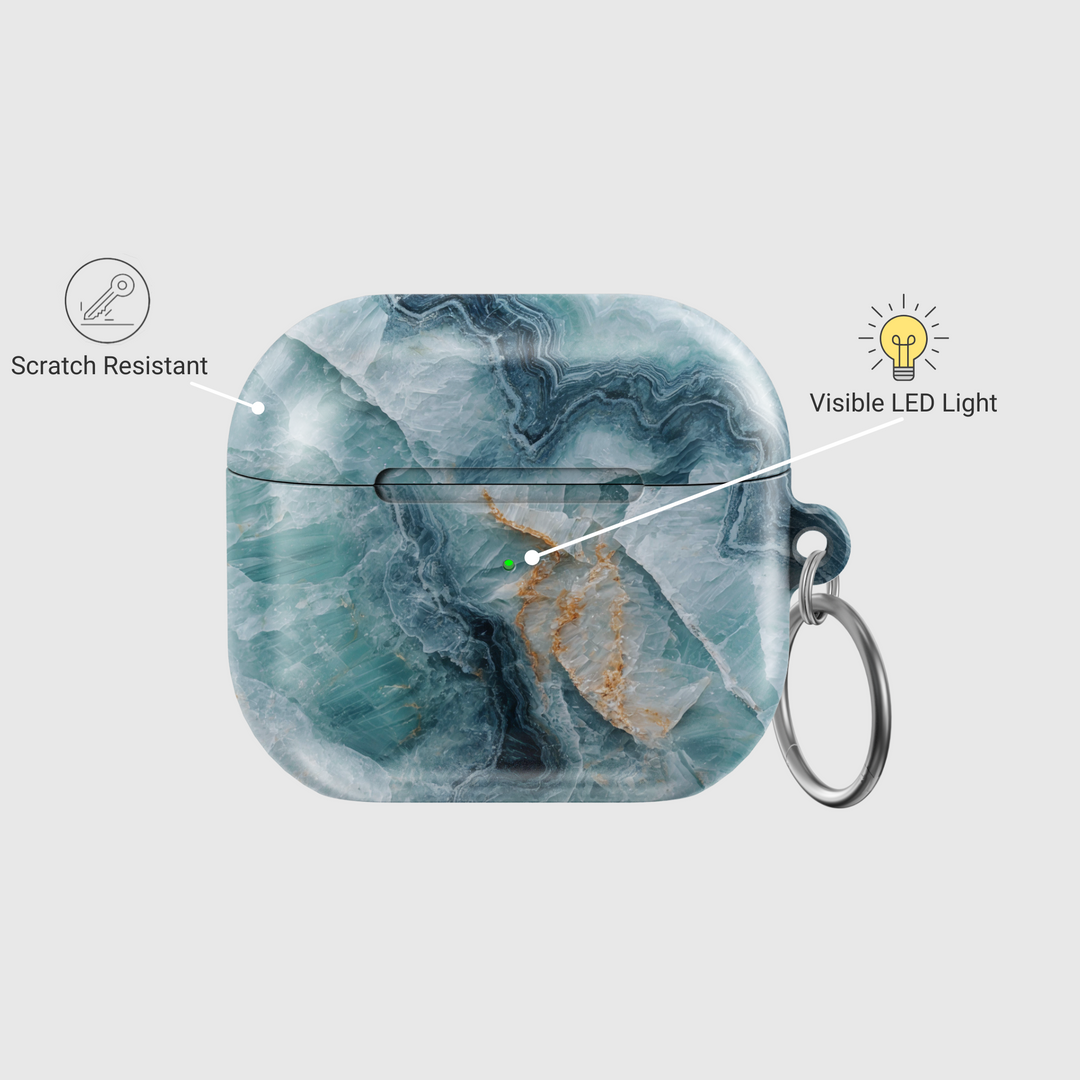 Green marble AirPods case with gold and teal veining, TPU protective shell with keychain ring, compatible with AirPods Pro and Gen 1 2 3